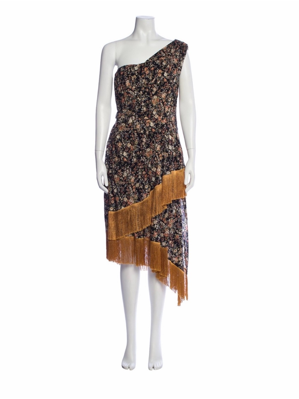 Adam Lippes Silk One-Shoulder Floral Fringe Dress in Black and Gold. Size 6.